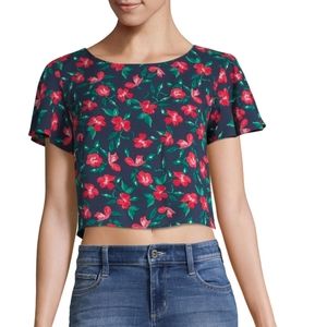 Society + Stitch Short Sleeve Floral Crop Top Blouse Black Red Medium